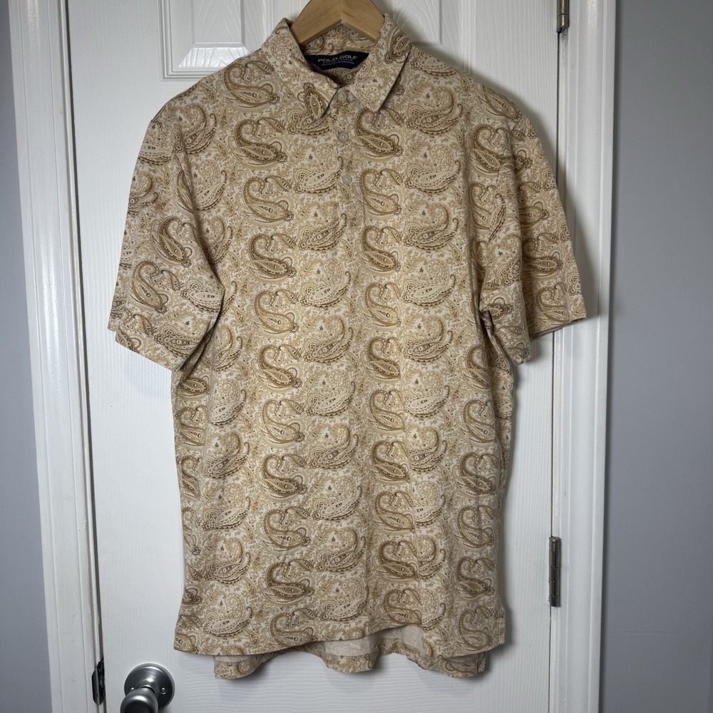 Ralph Lauren Polo Golf Shirt Mens Mediumβ Tan Brown Paisley Cotton Preppy SS
